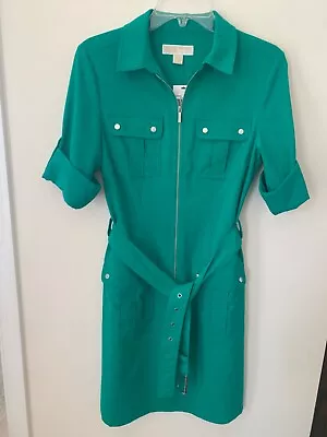 Michael Kors Emerald Green Utility Safari Shirtdress Belted Gold Zip Dress SZ S • $44.99