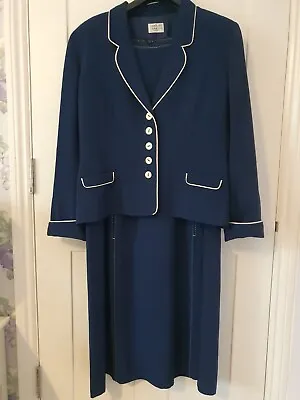Caroline Charles Dress Jacket Suit Size 18 Blue With White Trim Classic Occasion • £55