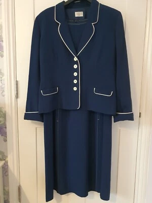Caroline Charles Dress Jacket Suit Size 18 Blue With White Trim Classic Occasion • £55