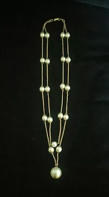 Coro Signed Necklace Gold Tone Chain 2 Strand Faux Pearls Beaded Vintage • $15