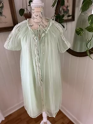 Vintage Peignoir Set Mint Green  Chiffon Nylon Babydoll Gown W/ Lace 2 Pc 1960 L • $39.98