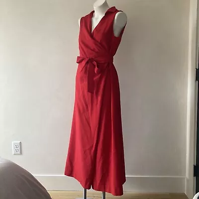 Vintage Linen Cherry Red Classic Retro 60s Sleeveless Wrap Midi Dress • $50