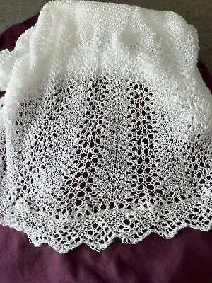 Hand Knitted 2ply White Spiderweb Baby Shawl          Longer Length. • £55