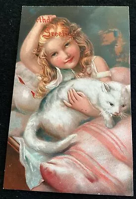 Vintage Birthday Greetings White Cat Kitten With Little Blonde Girl PFB Postcard • $2.90