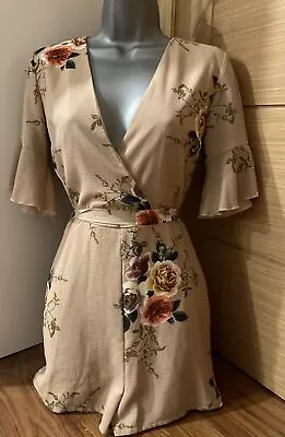 Parisian V Wrap Neck Brown Floral With Tie Belt Playsuit Size 8  • £1.99