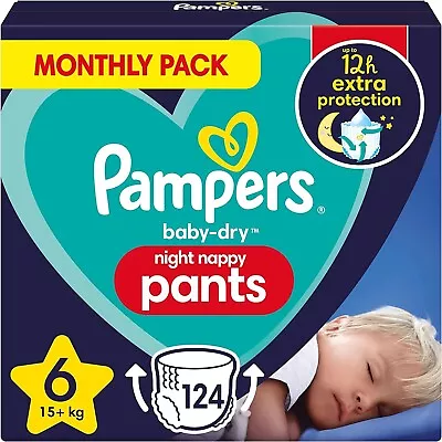 Pampers Nappy Pants Size 6 (15+ Kg / 33 Lbs) Baby-Dry Night 124 Nappies • £36.90