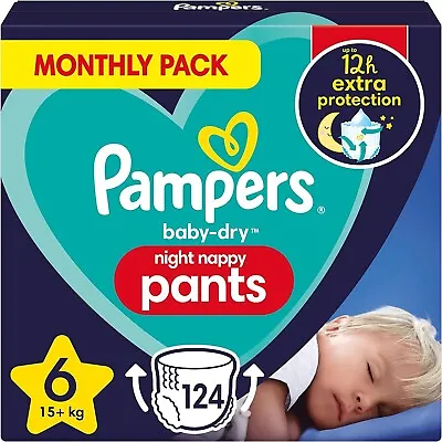 Pampers Nappy Pants Size 6 (15+ Kg) Baby-Dry Night 124 Nappies MONTHLY BOX • £34.99