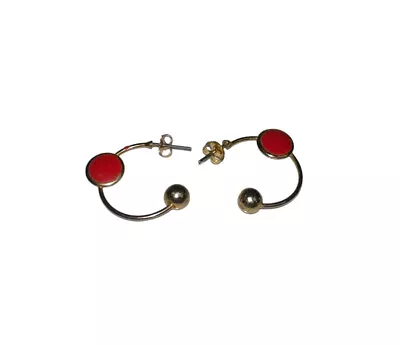 Vintage Unbranded Goldtone & Red Enamel Hoop Pierced Earrings 7/8” • $9.99