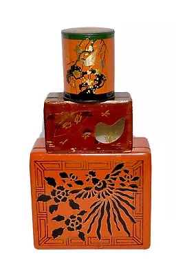 Set/3 VTG Decorative Japan Lacquer Wood Box Lid Floral Bird Tea Caddy Tin Lot • $39