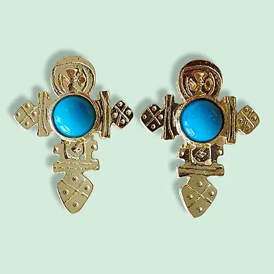 Vintage Earrings - 18K Gold Plated Cross Shaped Clip-on Earrings With Turquoise • $15.95