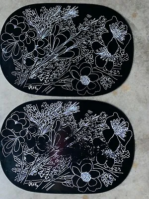 Vintage VERA NEUMANN Vinyl Placemats Oval Black White Floral MCM 18 X 12   SET 2 • $14.95