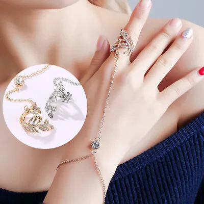 Chain Jewellery Harness Hand Bangle Finger Ring Women Crystal Leaf Bracelet • £3.02