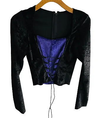 Gothic Velour Crop Top Sz8 Gothic Corset Long Sleeve Zip Back Tie Up Bust Velvet • £13.75