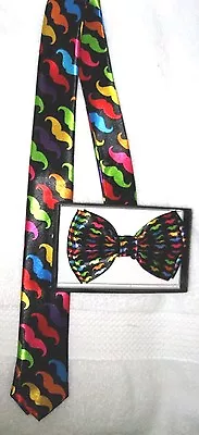 Multi Color Mustaches Adjustable Bow Tie&Multi Color Mustaches Necktie Combo-New • $19.99