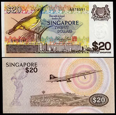 Singapore 20 DOLLAR P-12 1979  Concorde  BIRD Series UNC Singaporean Money NOTE • $59.99