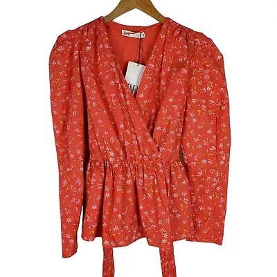Zara Womens Peplum Long Puff Sleeve Blouse Top Sz M Red Floral New W/Broken Belt • $18.93