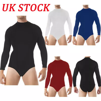 Mens Longsleeve Bodysuit Leotard Solid Color Press Button Crotch Jumpsuits Shirt • £5.59