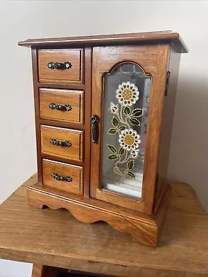 Vintage Mele Style Wooden Wardrobe Jewellery  Box Floral Glass Pattern & Drawers • £24