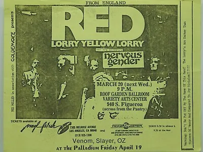 $14.95 • Buy Red Lorry Yellow Lorry Nervous Gender La Variety Arts Center Punk Concert Poster