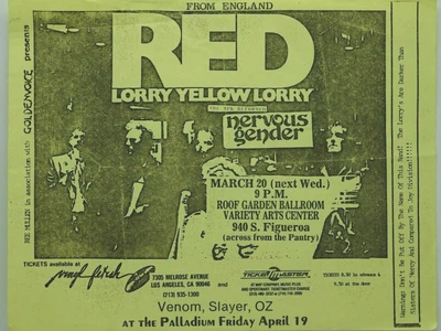 $14.95 • Buy Red Lorry Yellow Lorry Nervous Gender La Variety Arts Center Punk Concert Poster