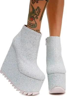 YRU Dimension Glitter Sparkles Punk Goth Raver White Platforms Boots Heels Shoes • $244.87
