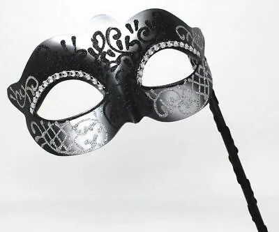 Black & Silver Venetian Masquerade Party Carnival Ball Eye Mask On A Stick • £13.99
