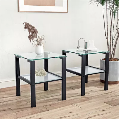 Set Of 2 Modern Tempered Glass 2 Layer Tea Table Coffee Table & Square End Table • $108.99