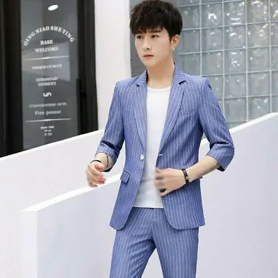 $65.50 • Buy Men's Summer 2PCS Suit Striped One Button Blazer Slim Fit Jacket Pants Casual  