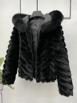 Women Real Mink Fur Jacket Zipper Short Coat Natural Fur Mink With Fur Hooded • $551.61