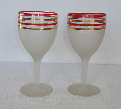 2 Frosted MCM Wine Glasses Red Gold Banded Frosted Barware Glasses • $10