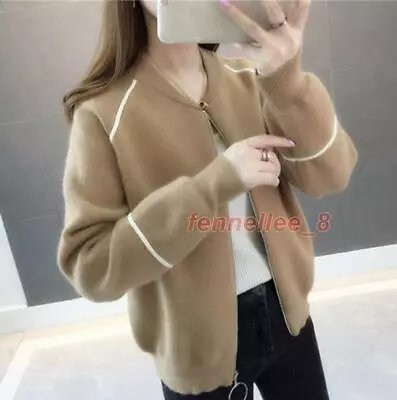 Women's Sweater Coat Korean Loose Long Sleeve Splicing Knitting Zipper Cardigan • $94.69