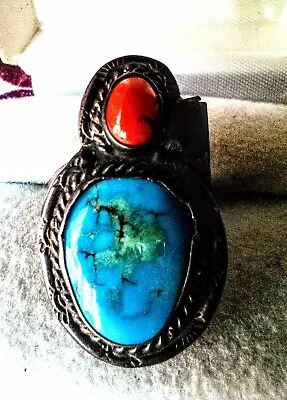 OLD PAWN   TURQUOISE   & CORAL  Vintage  STERLING SILVER   HAND MADE  RING • $79.99