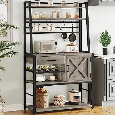 Baker's Rack Farmhouse Microwave Stand W/Wine Rack &Storage Drawer For Kitchens • $129.97