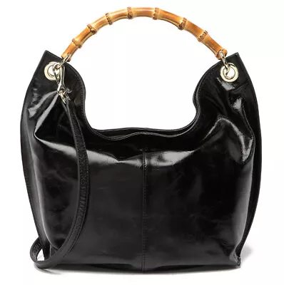 NWT Vince Camuto Iggy Bamboo Ring Handle/Detachable Leather Strap Hobo Bag Black • $129.99