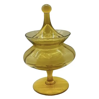 Vintage Empoli  Apothecary Jar Circus Tent Pedestal Compote Amber Glass 10  READ • $39.87