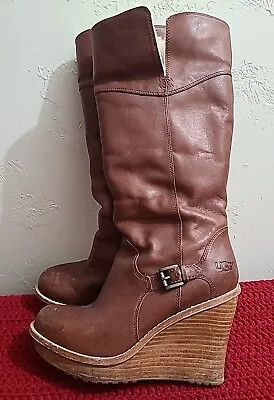 UGG Sidione Knee High Wedge Boots Brown Leather Sheepskin Size 8 • $50