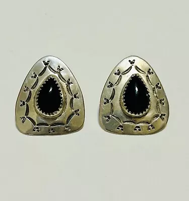 Vintage Sterling Silver Onyx Teardrop Pierced Earrings 7 Grams Native American • $19.99