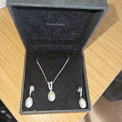 Boxed H Samuel Silver Necklace And Earring Set. 925 Silver + Cz And Faux Pearl • £30