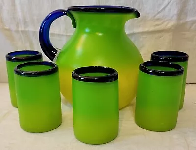 Mexican Hand Blown Glassware Set~5-Tumblers & Pitcher Blue/Green Ombre • $24.99
