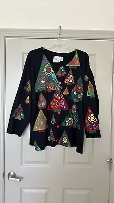 Michael Simon Lite Black Cotton Cardigan Colorful Embroidered Trees 3X • $40