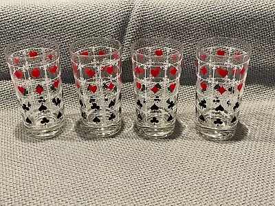 Vintage MCM Playing Cards Suits Highball Cocktail Bar Glasses - Set Of 4 • $38