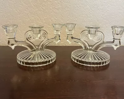 Vintage Jeanette Triple Candle Holder Clear Glass Cosmos Crystal Set Of 2 • $12.99