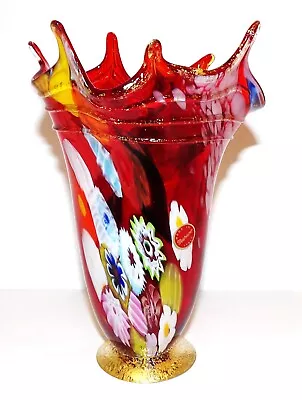 Htf Murano Art Glass Red & Gold Aventurine Millefiori Fazzoletto 8  Vase W/label • $234.99