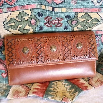 Lauren Ralph Lauren Trifold Wallet Brown Leather Western Studded Laced Insert  • $22