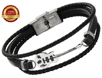 Leather Guitar Bracelet Braided Rope Bangles Stainless Steel Multi Layer Black • £8.29