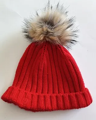 J.CREW Harvest Red Ribbed Beanie Hat With CHIC POM-POM Wool Cashmere Blend Warm  • $19.99