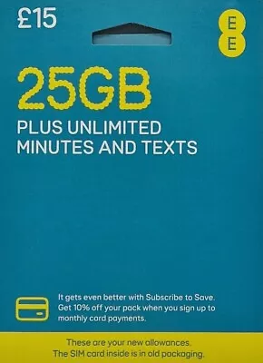 Ee Sim Card For Smartphone & Mifi Wifi Routers Dongle 25gb Data • £0.99