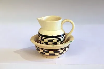 Antique Mocha Ware Checkered Pottery Austrian Slipware Pitcher Small 3 1/2  • $55