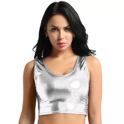 £9.23 • Buy Women's Shiny Metallic Vest Crop Tops Ladies Slim Fit T Shirt Tank Top Blouse