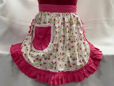 RETRO VINTAGE 50s STYLE HALF APRON / PINNY - STRAWBERRIES ON CREAM With PINK TRI • £26.99